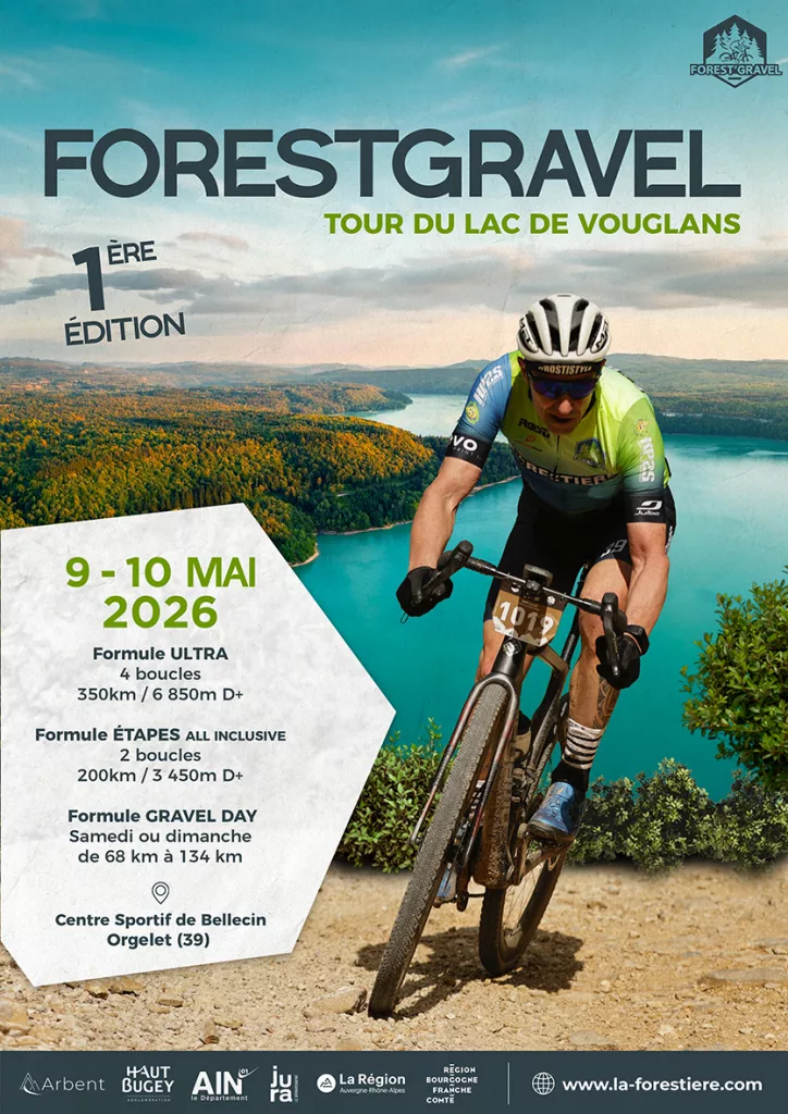 Affiche de la Forest Gravel, du vélo au bord du Lac de Vouglans dans le Jura.