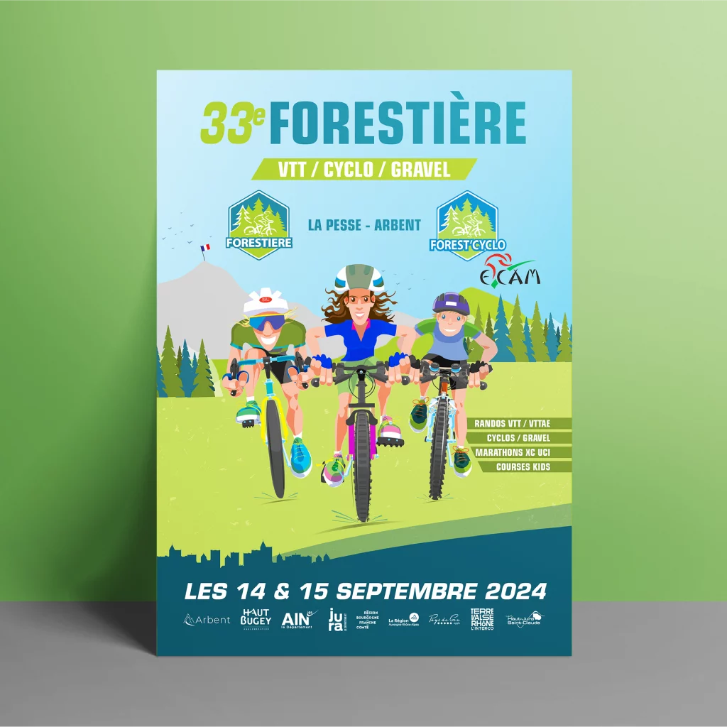 Affiche de la forestière avec du VTT, cyclo et gravel.